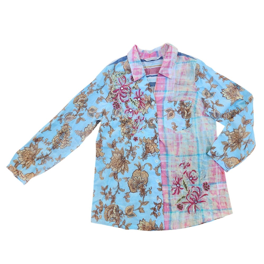 Soft Surroundings Womens Shirt sz PS Floral Embroidered Beaded Patchwork Summer